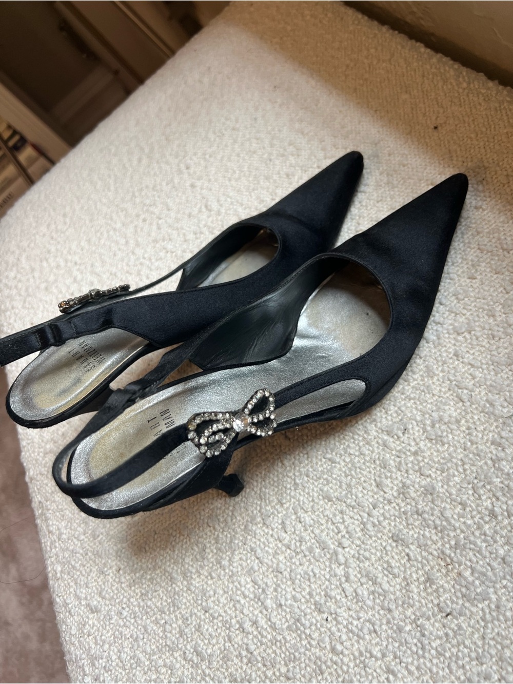 Stuart weitzman Black Satin Slingback Heels with Rhinestone Bow